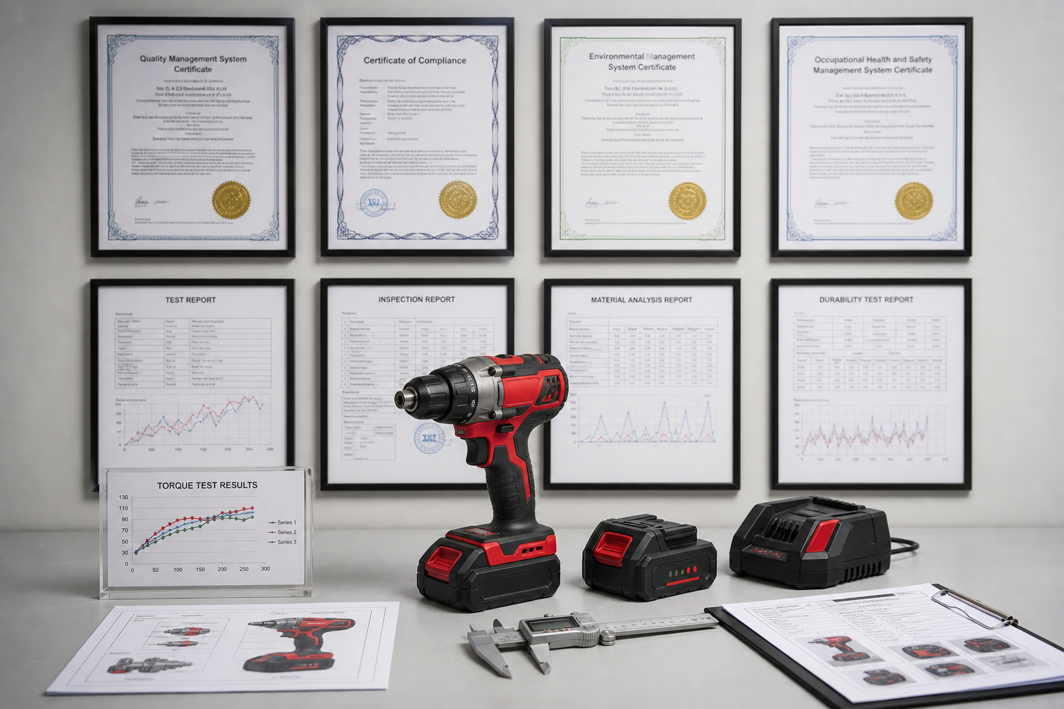 Power tool certification wall and test reports